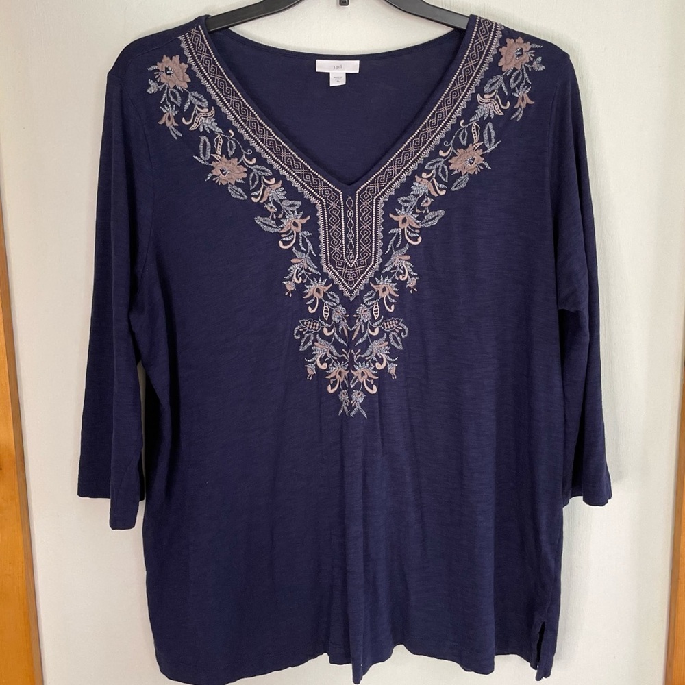 J. Jill Navy Blue Embroidered V-Neck Pullover Top Women’s Size Sz. XL